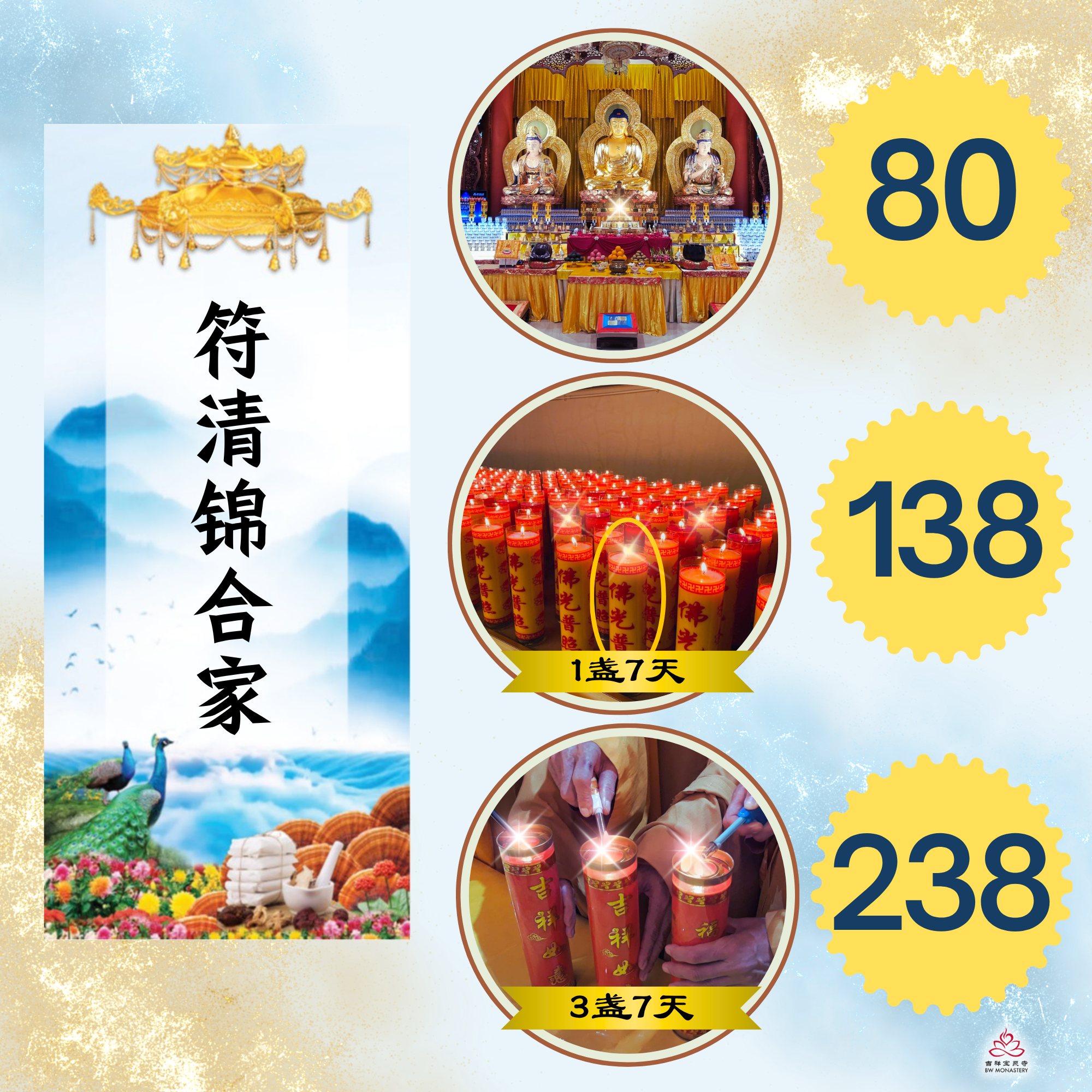 药师法会 - 合家消灾延寿祈福禄位 (或 + 供养1盏，三盏佛前光明灯 (连续7天))